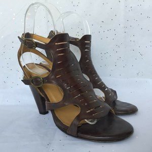 Coclico Brown Caged Strappy T strap Sandal Cone Heel - Size 36.5 6.5 Buckles